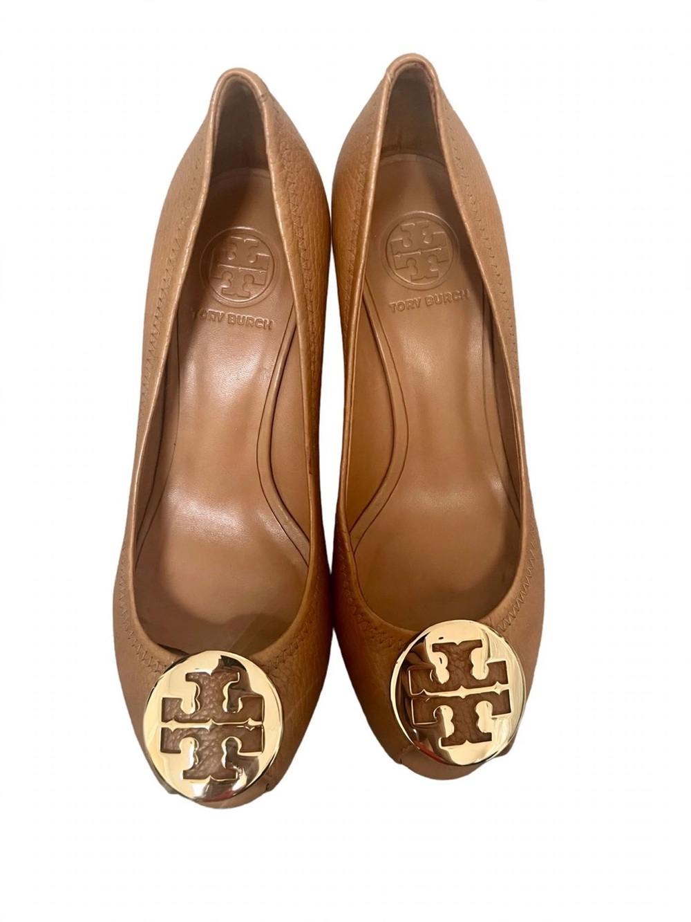 Tory Burch Sally Wedge - Tan Pebbled Leather Gold Logo Medallion- 8M